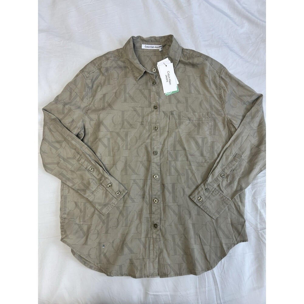 Calvin Klein Women's Logo Print Boyfriend-fit Chambray Shirt, Khaki Green, Sz. M